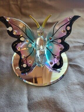 Crystal Purple Blue And Black Butterfly On Glass Stand Figurine